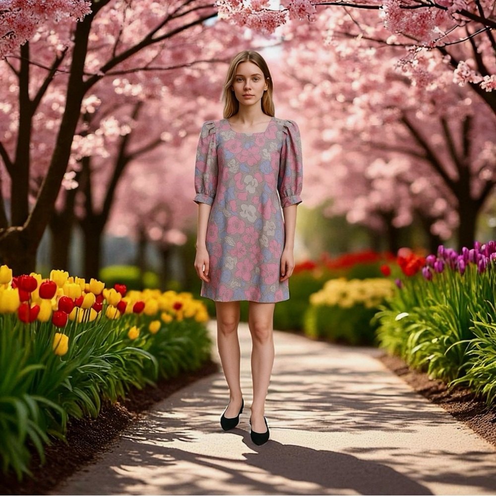 Vintage 80’s Flora Kung Elegant Pink Floral Silk Midi Dress